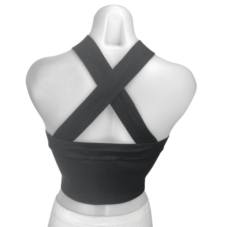 Oak + Fort Black Sleeveless Ribbed Knit Cross Strap Tank Sculpt Crop Top Size XS