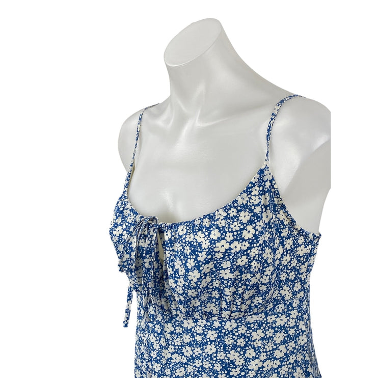 Lulus Blue Floral Shirred Sleeveless Tie Scoop Cami Camisole Mini Slip Dress S