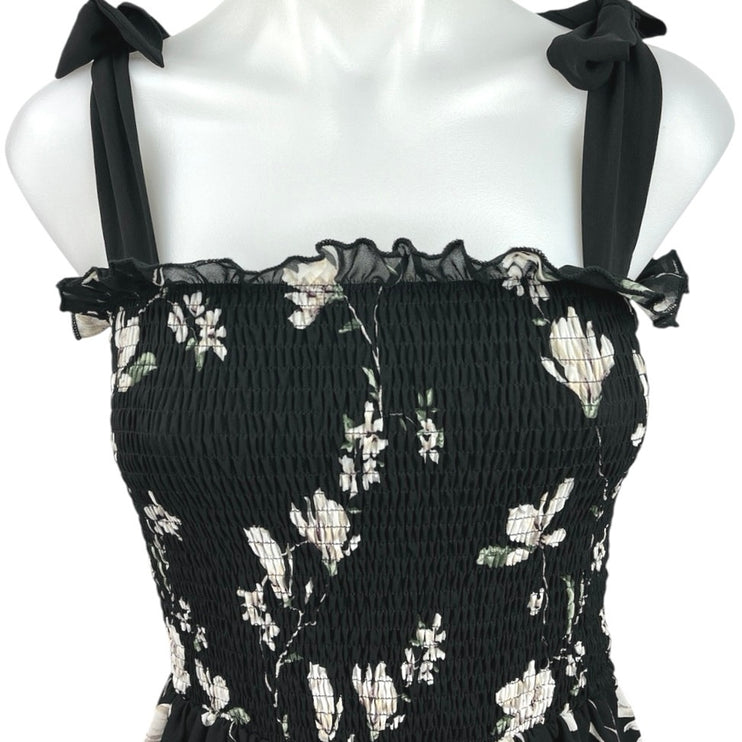 Shein Black Floral Ruffle Bow Strap Smocked Sleeveless Maxi A Line Dress Size 4