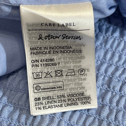NEW & Other Stories Blue Linen Puff Sleeve Smocked Slim Crop Corset Blouse Top 8