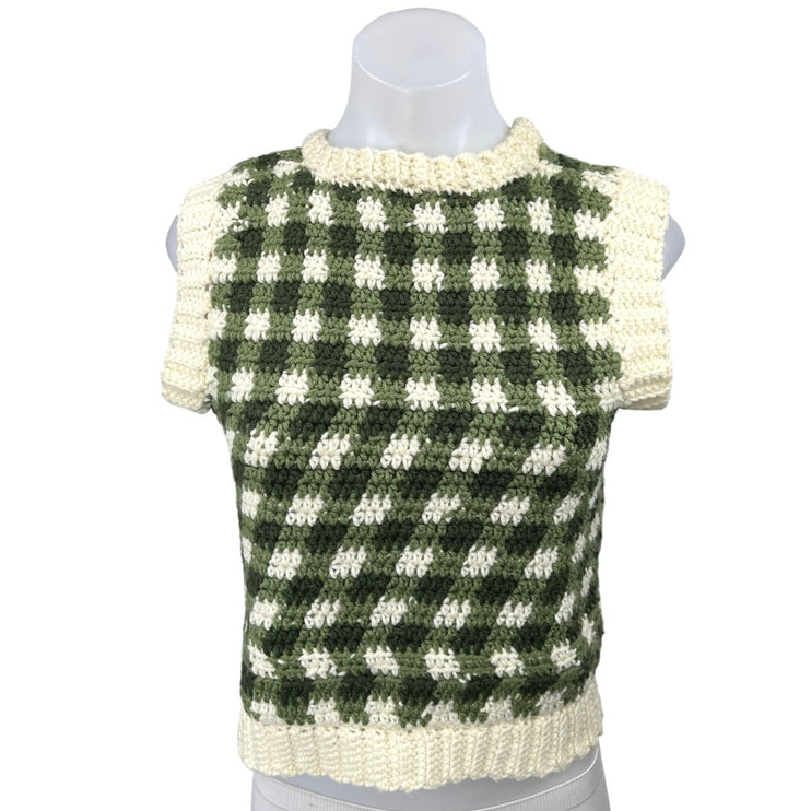 Women's Green White Checkered Plaid Sleeveless Knitted Sweater Vest Tank Top S