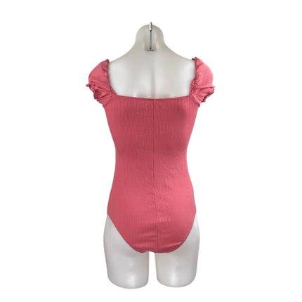 Reformation Palo Pink Ribbed Knit Ruffle Short Puff Sleeve Bodysuit Blouse Top S