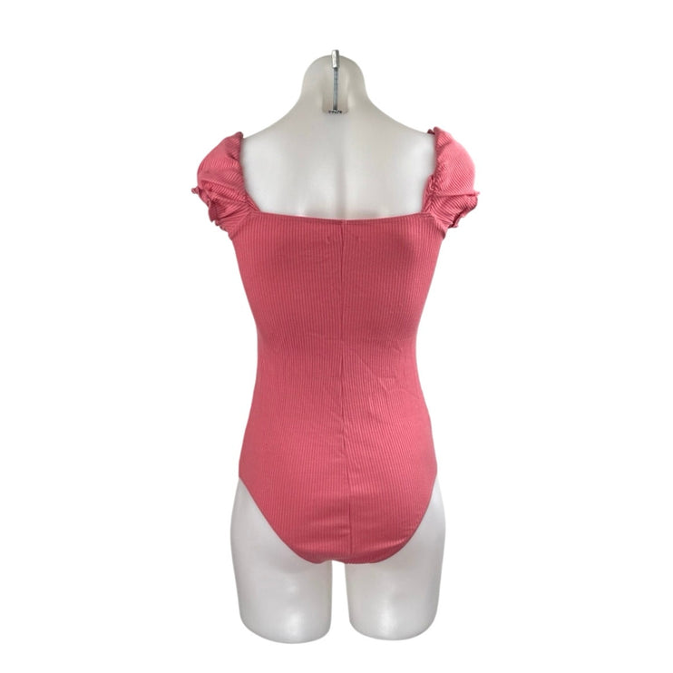 Reformation Palo Pink Ribbed Knit Ruffle Short Puff Sleeve Bodysuit Blouse Top S