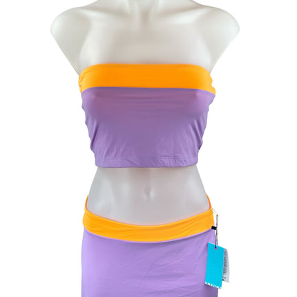 NEW ONEONE Sharon Purple Coral Bandeau Tube Slit Midi Long Skirt 2 Piece Set M