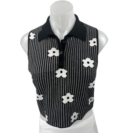 Le Lis Black Floral Knit Sleeveless Button Collar Crop Polo Vest Tank Top Size L