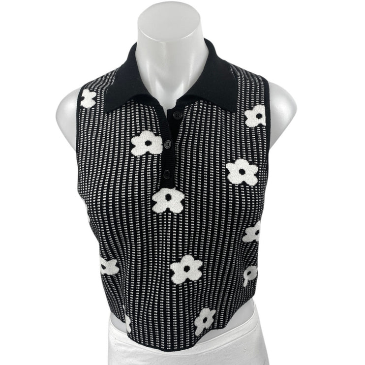 Le Lis Black Floral Knit Sleeveless Button Collar Crop Polo Vest Tank Top Size L