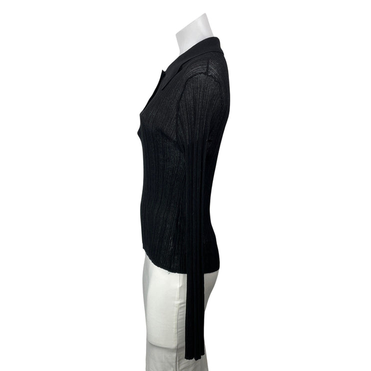 French Connection Women's Black Ribbed Knit Long Sleeve Henley Blouse Top Size L