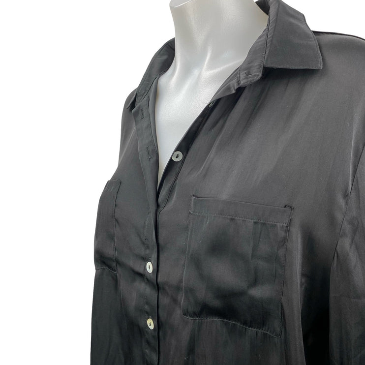 We're All Pretty Girls Black Silky Satin Long Sleeve Button Down Shirt Top Sz L