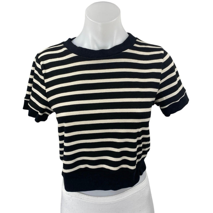 Atelier by Kirious Black White Striped Rib Knit Short Sleeve Crop Sweater Top L