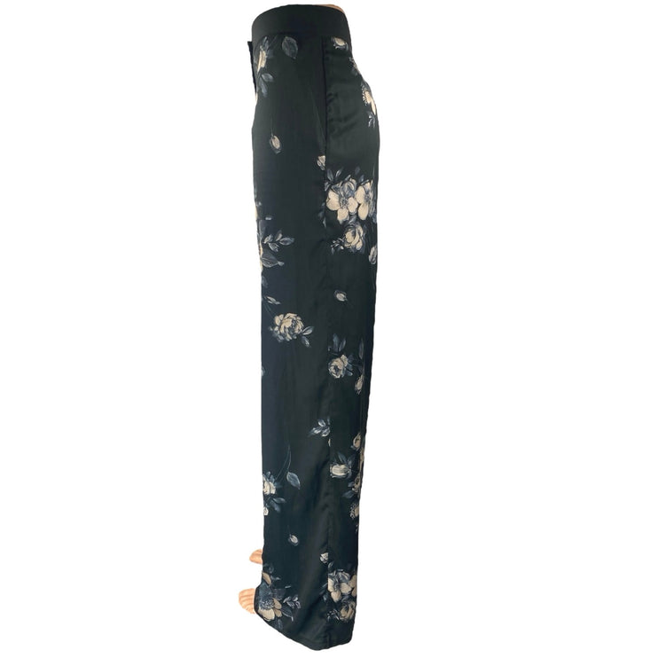 Rue 8isquit Womens Black Floral High Rise Wide Leg Button Trousers Pants 42/US M