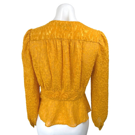 French Connection Brenna Yellow Long Puff Sleeve V-Neck Peplum Blouse Top Size 8