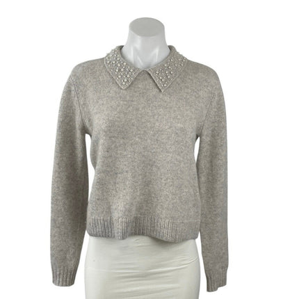 Tahari Gray 100% Cashmere Beaded Pearl Collar Knit Long Sleeve Sweater Size S