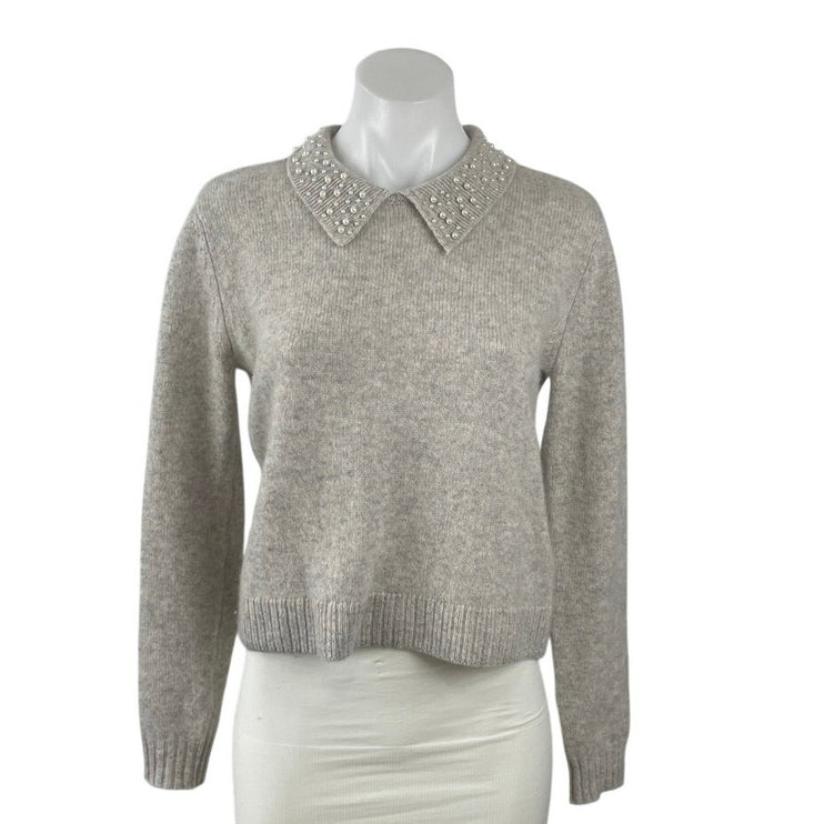 Tahari Gray 100% Cashmere Beaded Pearl Collar Knit Long Sleeve Sweater Size S