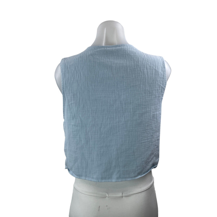 Drole De Copine Blue Embroidered Button Down Sleeveless Cardigan Crop Top M/L