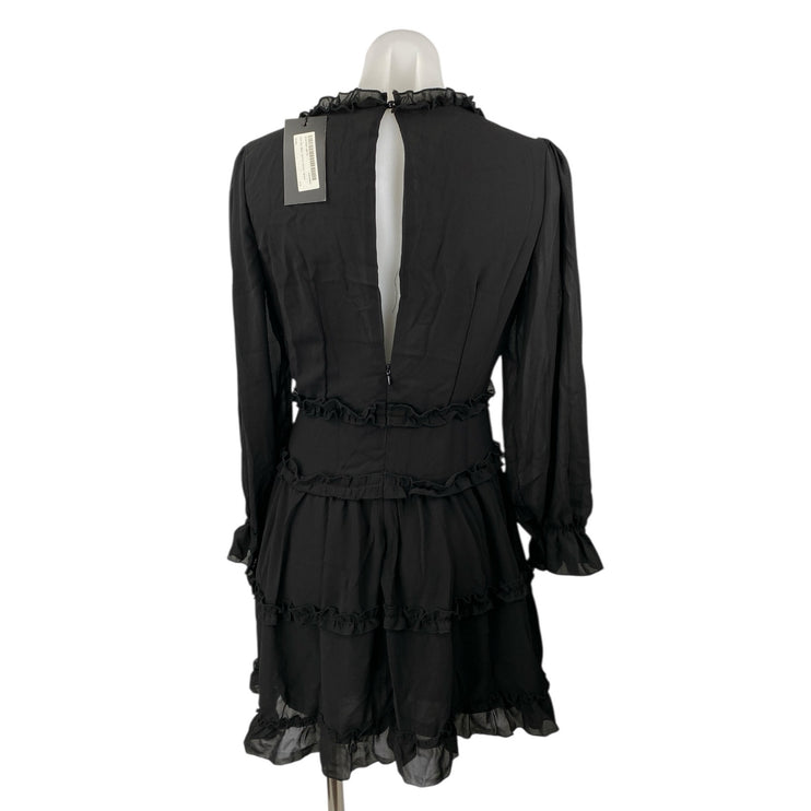 NEW Jus de Pom Black Long Sleeve V Neck Tiered Ruffle Mini A-Line Dress Size S/M