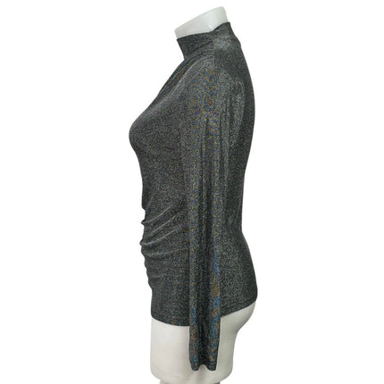 TU Silver Metallic Sparkle Ruched Mock Neck Long Sleeve T-Shirt Blouse Top Sz 16