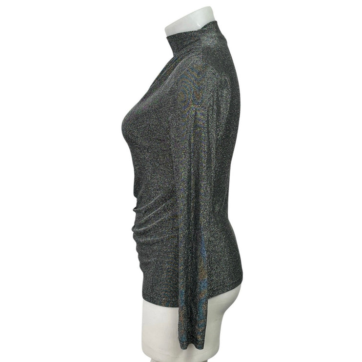 TU Silver Metallic Sparkle Ruched Mock Neck Long Sleeve T-Shirt Blouse Top Sz 16
