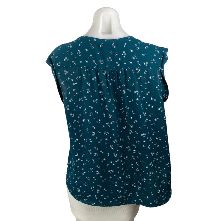 Ann Taylor LOFT Women's Teal Blue Floral Ruffle Sleeve Button Blouse Top Size LP