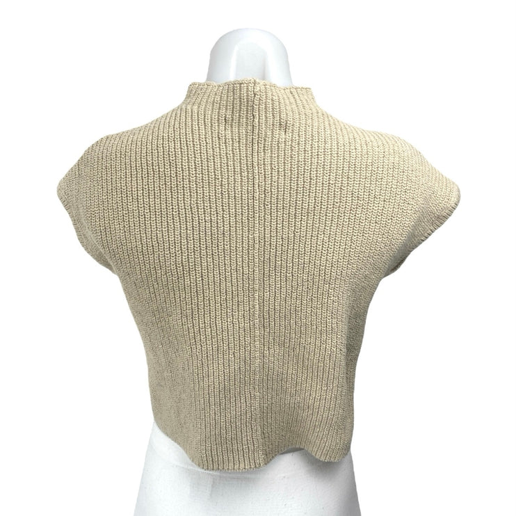 Free People Women's Beige Knit Short Sleeve Mock Neck Crop Sweater Top Size XS
