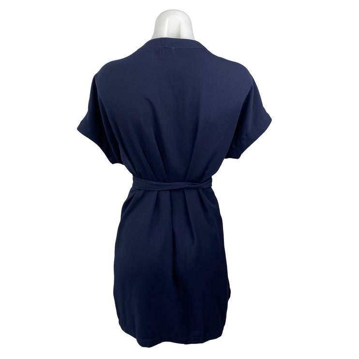 Tobi Women's Navy Blue V Neck Short Sleeve Tie Waist Midi A-Line Wrap Dress Sz S