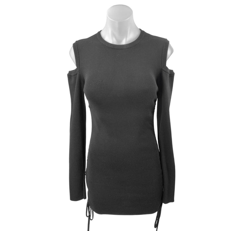 Lioness Black Rib Knit Cold Shoulder Long Sleeve Cinched Mini Bodycon Dress Size S