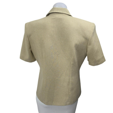 Pride & Joy Women's Beige Tan Pinstriped Zip Up Short Sleeve Blazer Blouse Top 8