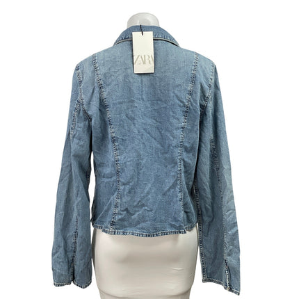 NEW Zara Blue Long Sleeve Collar Tie Knot Denim Jean Jacket Shirt Top Size XL