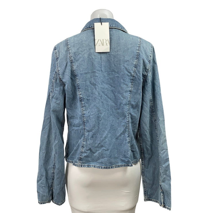 NEW Zara Blue Long Sleeve Collar Tie Knot Denim Jean Jacket Shirt Top Size XL