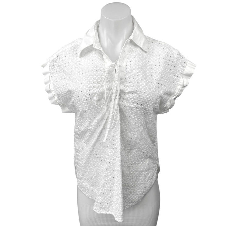 Gap Women's White Eyelet Lace Up Tie Short Sleeve Collar Shirt Blouse Top Size M