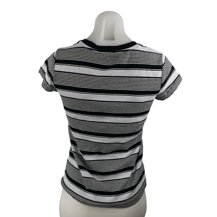 Club Monaco Women's Black Striped Short Sleeve Crew Neck T Shirt Tee Top Size M