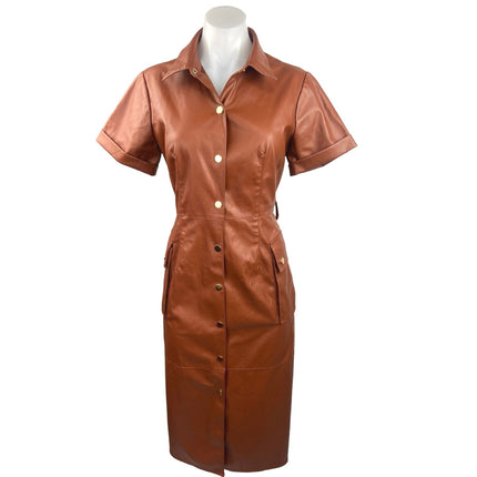 Zara Tan Brown Faux Leather Button Down Short Sleeve Pockets Midi Shirt Dress M