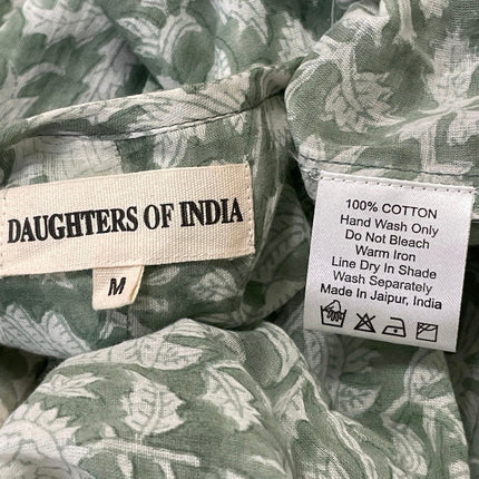 Daughters of India Green 3/4 Puff Sleeves Floral Tie Neck Boho Midi Dress Sz M