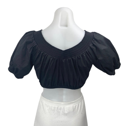 ALC Women's Black V-Neck Short Puff Sleeve Elastic Hem Cropped Blouse Top Size 0