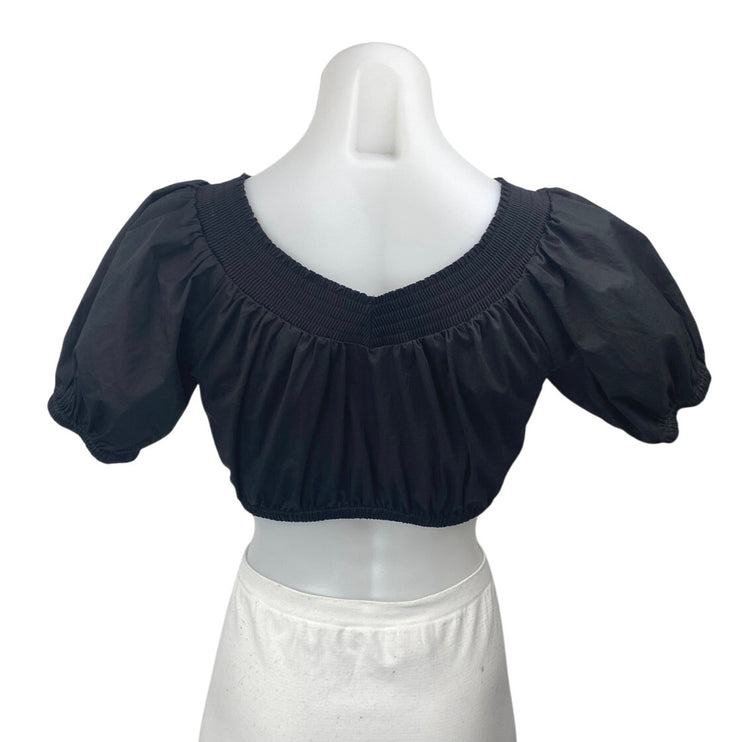 ALC Women's Black V-Neck Short Puff Sleeve Elastic Hem Cropped Blouse Top Size 0
