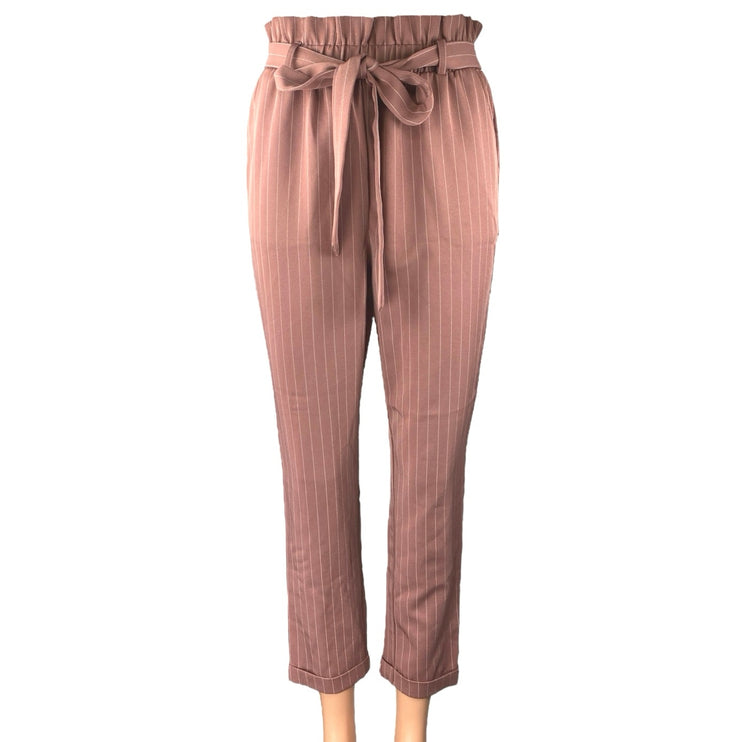 Charlotte Russe Pink Pinstriped Tapered High Waist Paperbag Trousers Pants Sz XS