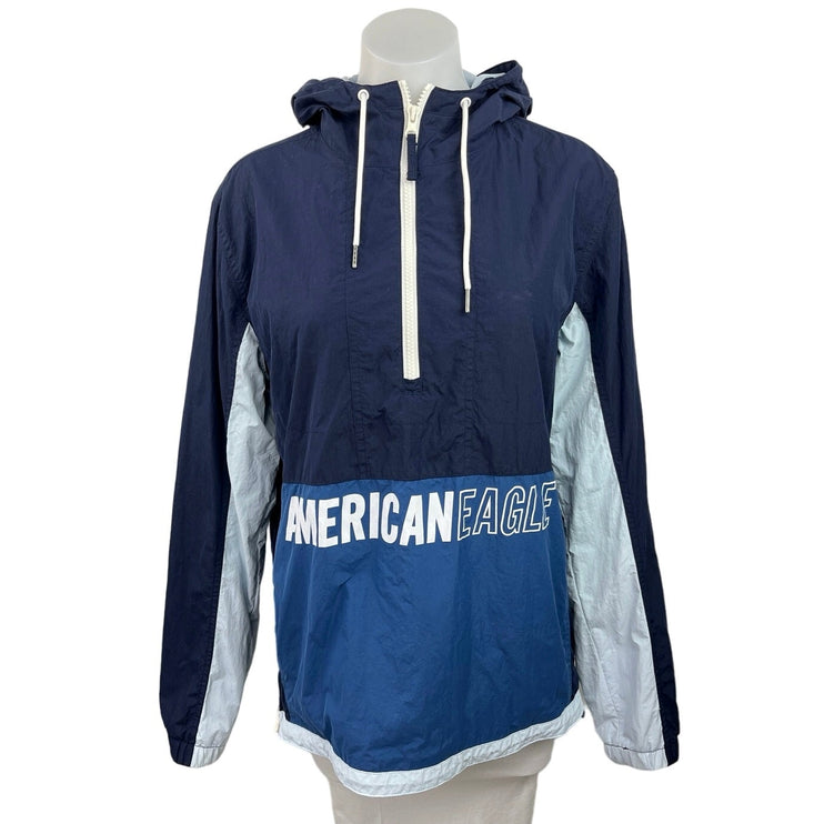 American Eagle Blue Half Zip Colorblock Hooded Windbreaker Anorak Jacket Size S