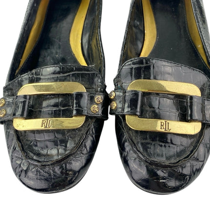 Ralph Lauren Women's Black Gold Logo Croc Leather Chain Slip On Loafers Shoes 6M