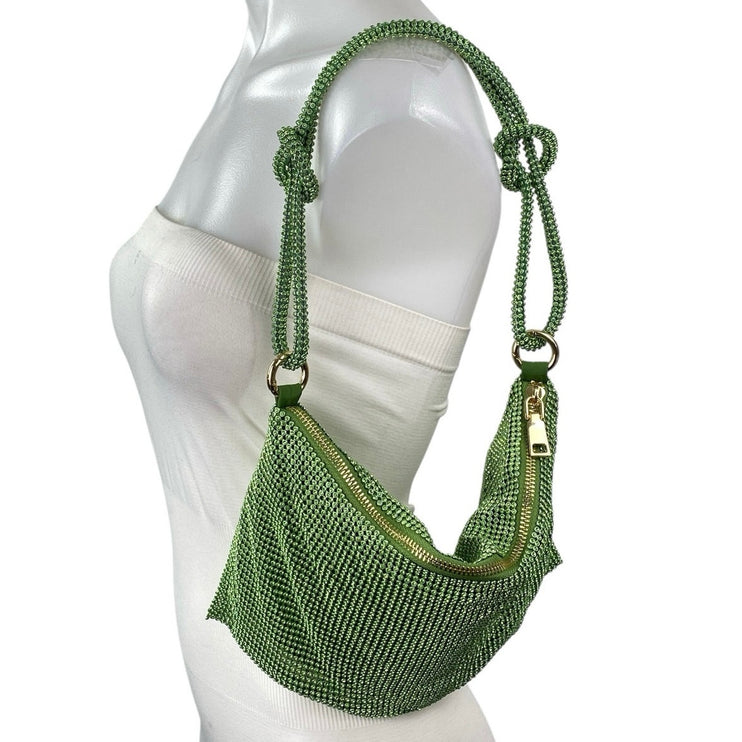 Women's Green Rhinestone Knotted Zipper Hobo Evening Shoulder Strap Handbag OS