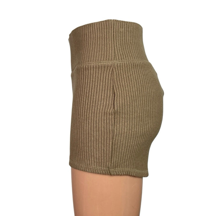 NEW Abercrombie & Fitch Tan Ribbed Knit High Rise Yoga Mini Biker Shorts Size S