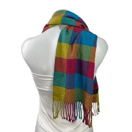 Women's Multicolor 100% Cashmere Rainbow Check Fringe Wrap Neck Scarf Size OS