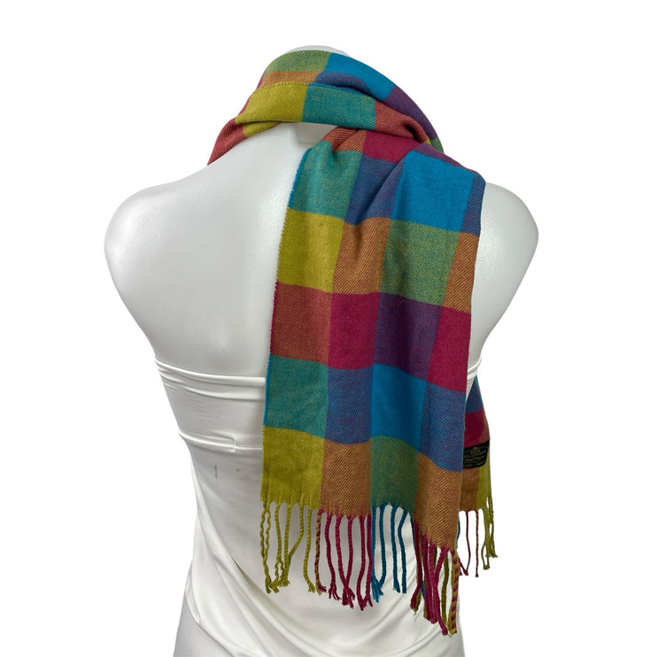 Women's Multicolor 100% Cashmere Rainbow Check Fringe Wrap Neck Scarf Size OS