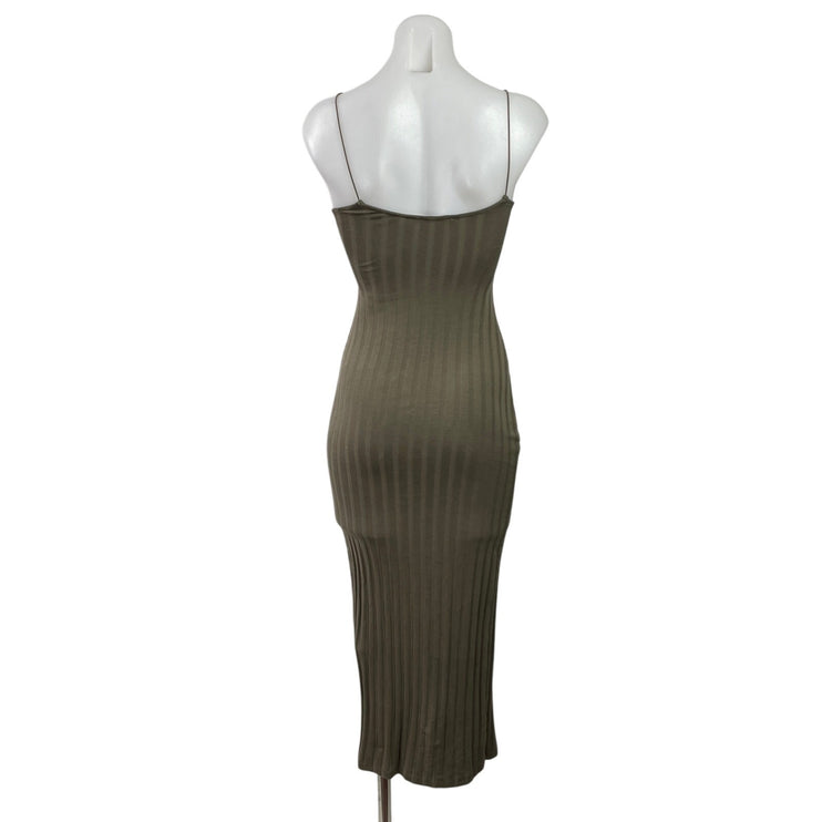 Zara Olive Green Ribbed Knit High Neck Sleeveless Mid Bodycon Dress Size S