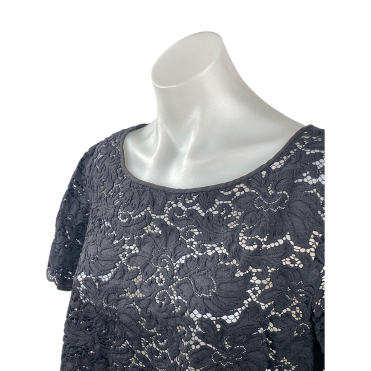 Club Monaco Black Floral Lace Sheer Crew Neck Short Sleeve Crop Blouse Top Sz M