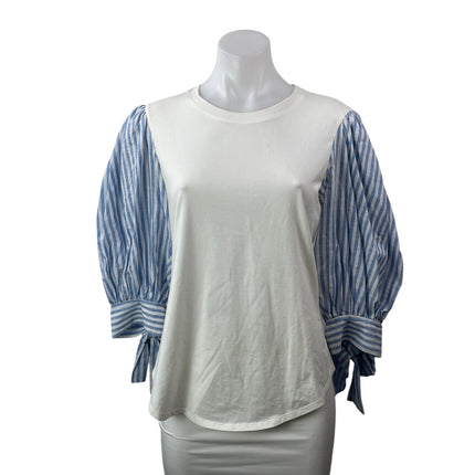 Cinq a Sept Carlie White Blue 3/4 Striped Puff Sleeves Boho Shirt Blouse Top M