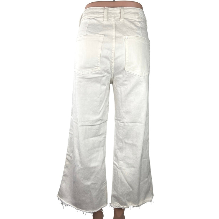 H&M &Denim White High Waist Wide Leg Frayed Raw Hem Ankle Cropped Jeans Size 10