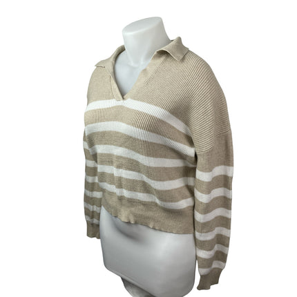 Marled Women's Beige White Striped Collared Long Sleeve Crop Polo Sweater Top XL