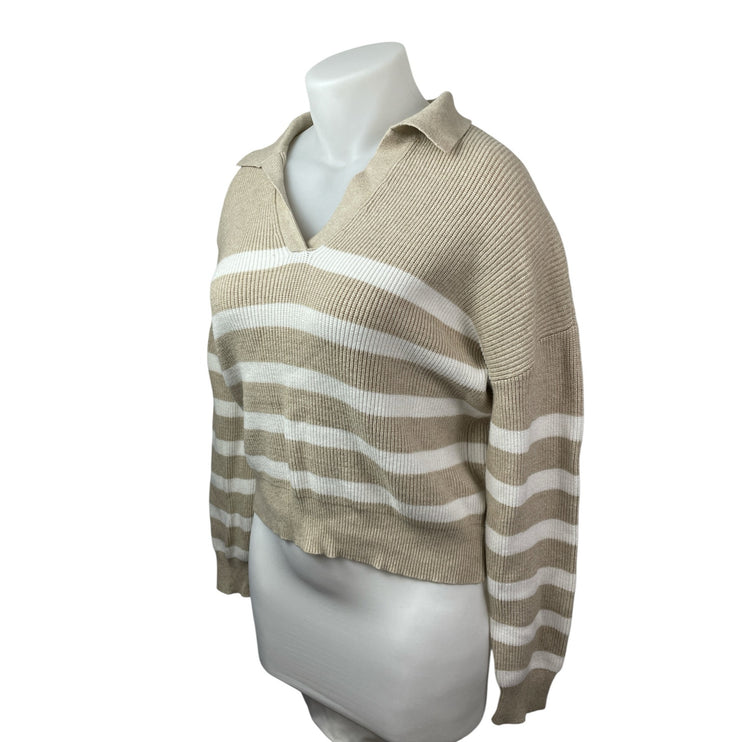 Marled Women's Beige White Striped Collared Long Sleeve Crop Polo Sweater Top XL
