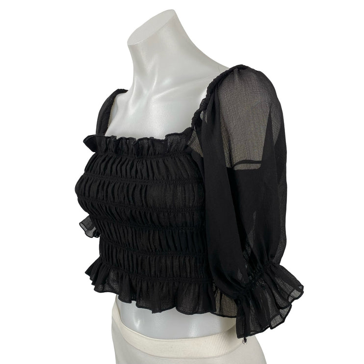Urban Outfitters Black Smocked Mesh Sheer Half Sleeve Ruffle Blouse Crop Top M