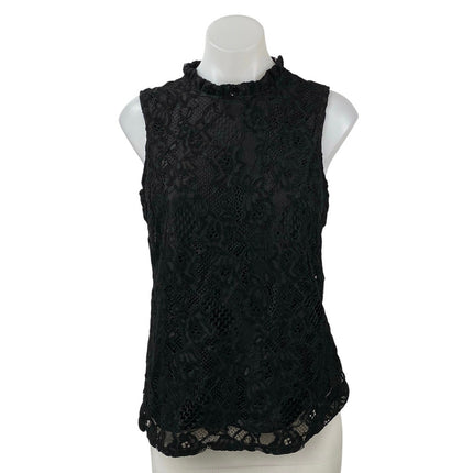 Nanette Lepore Black Lace Sleeveless Ruffle Mock Neck Zip Blouse Tank Top Size S