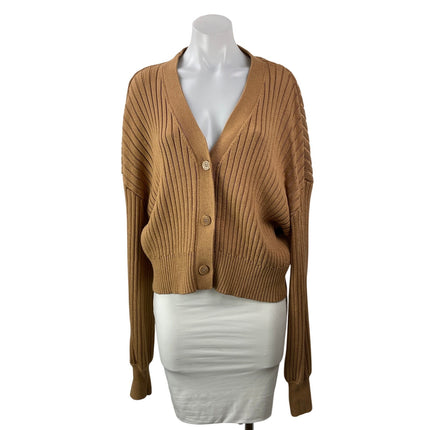 Staud Women's Tan Ribbed Knit V Neck Button Down Cardigan Sweater Top Size L